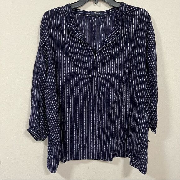 Madewell Navy Blue White V Neck Tassel Long Sleeve Blouse SIZE SMALL - Picture 1 of 6